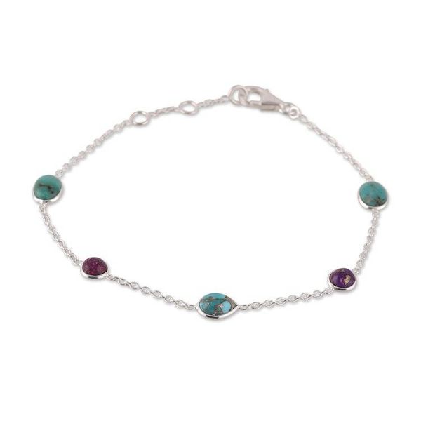 Alternate image for High-Polished Recon Turquoise Cabochon Station Bracelet Turquoise Saga