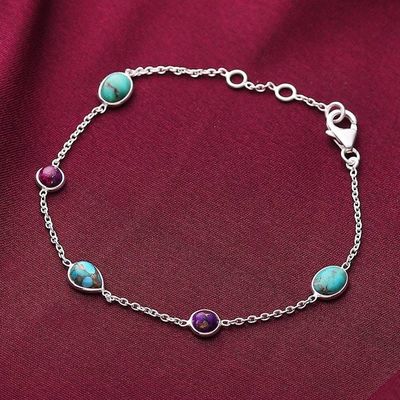 Alternate image for High-Polished Recon Turquoise Cabochon Station Bracelet Turquoise Saga