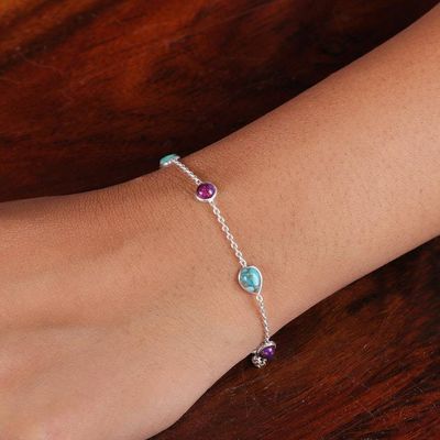 Alternate image for High-Polished Recon Turquoise Cabochon Station Bracelet Turquoise Saga