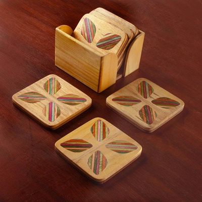 Primary image for Hand-Carved Floral 6-Piece Mango and Haldu Wood Coaster Set Petal Celebration