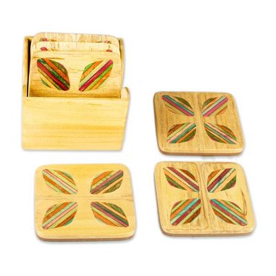 Alternate image for Hand-Carved Floral 6-Piece Mango and Haldu Wood Coaster Set Petal Celebration