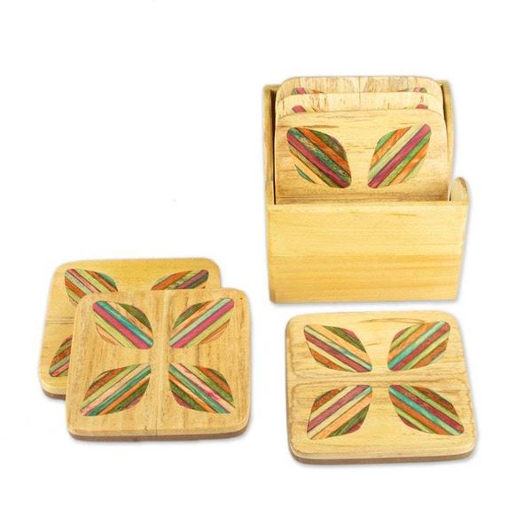 Alternate image for Hand-Carved Floral 6-Piece Mango and Haldu Wood Coaster Set Petal Celebration