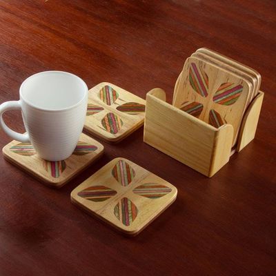 Alternate image for Hand-Carved Floral 6-Piece Mango and Haldu Wood Coaster Set Petal Celebration
