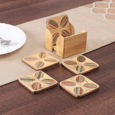 Primary image for Striped Hand-Carved 6-Piece Mango and Haldu Wood Coaster Set Vivid Petals