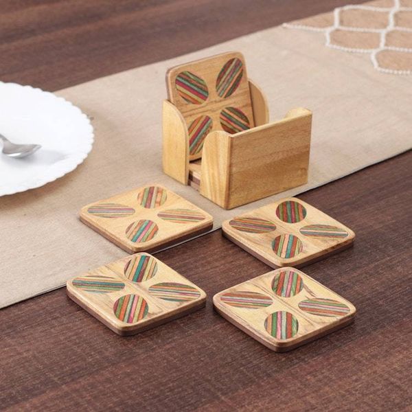 Alternate image for Striped Hand-Carved 6-Piece Mango and Haldu Wood Coaster Set Vivid Petals