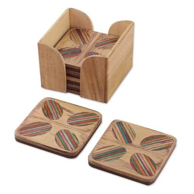 Alternate image for Striped Hand-Carved 6-Piece Mango and Haldu Wood Coaster Set Vivid Petals