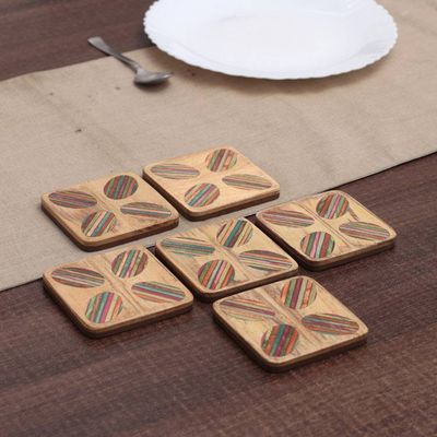 Alternate image for Striped Hand-Carved 6-Piece Mango and Haldu Wood Coaster Set Vivid Petals