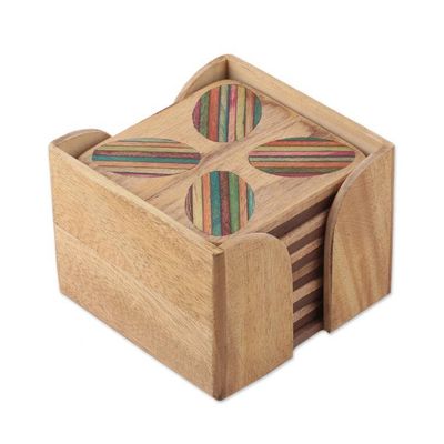 Alternate image for Striped Hand-Carved 6-Piece Mango and Haldu Wood Coaster Set Vivid Petals