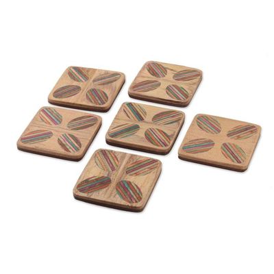 Alternate image for Striped Hand-Carved 6-Piece Mango and Haldu Wood Coaster Set Vivid Petals