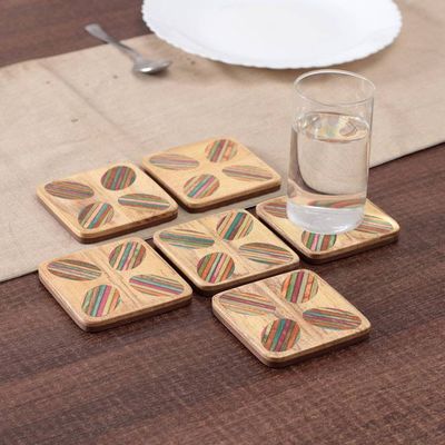 Alternate image for Striped Hand-Carved 6-Piece Mango and Haldu Wood Coaster Set Vivid Petals