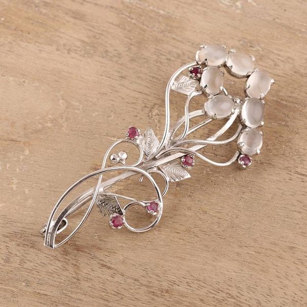 Alternate image for Rhodium Plated Moonstone and Ruby Brooch from India Rajasthani Royalty