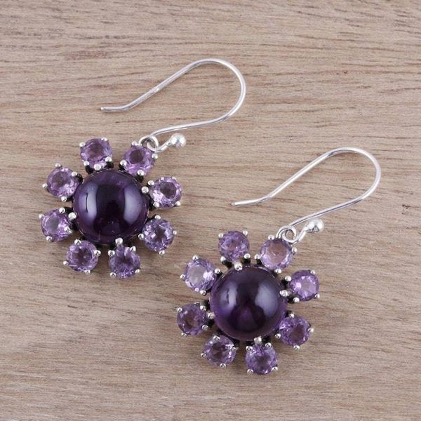 Alternate image for Sterling Silver and Purple Amethyst Floral Dangle Earrings Purple Reflection