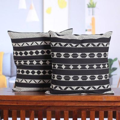 Alternate image for Patterned Black and White Cotton Cushion Covers Pair Midnight Geometry