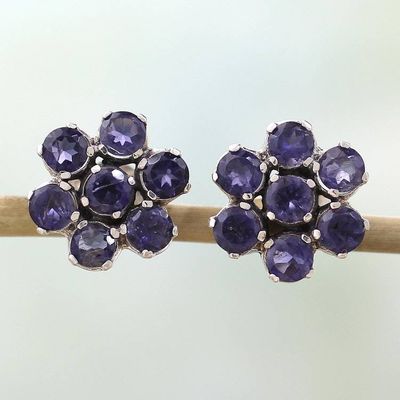 Alternate image for Floral Sterling Silver Button Iolite Earrings from India Cornflowers