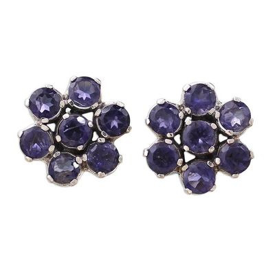 Alternate image for Floral Sterling Silver Button Iolite Earrings from India Cornflowers