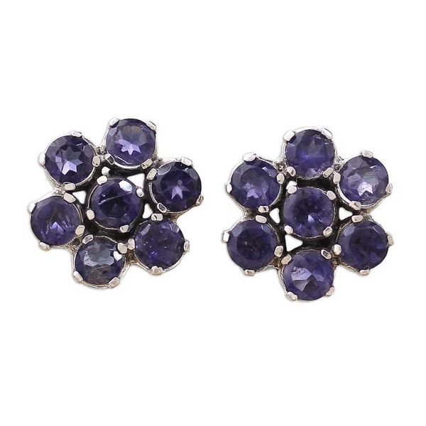 Alternate image for Floral Sterling Silver Button Iolite Earrings from India Cornflowers