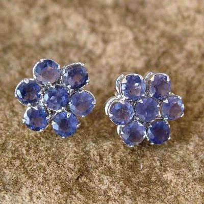 Alternate image for Floral Sterling Silver Button Iolite Earrings from India Cornflowers