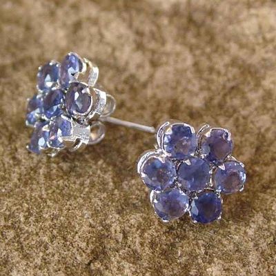 Alternate image for Floral Sterling Silver Button Iolite Earrings from India Cornflowers