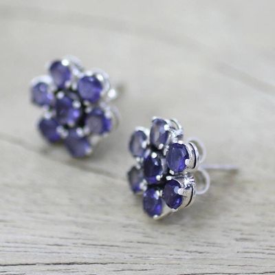 Alternate image for Floral Sterling Silver Button Iolite Earrings from India Cornflowers