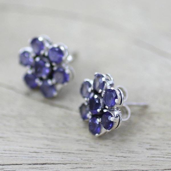 Alternate image for Floral Sterling Silver Button Iolite Earrings from India Cornflowers