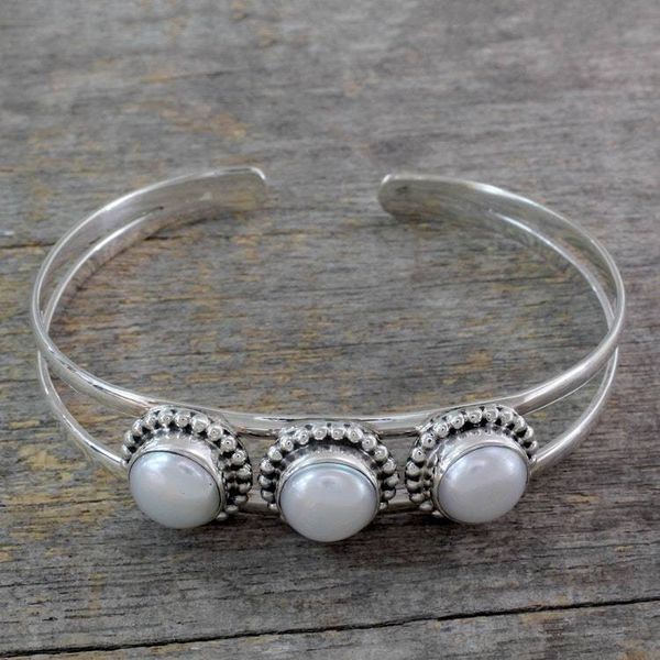 Alternate image for Hand Made Indian Sterling Silver Cuff Pearl Bracelet Moonlight Trio