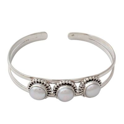 Alternate image for Hand Made Indian Sterling Silver Cuff Pearl Bracelet Moonlight Trio