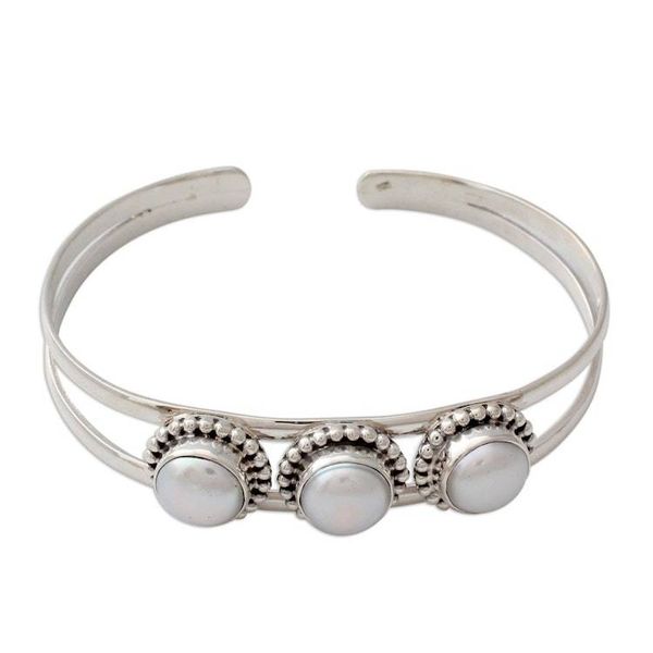 Alternate image for Hand Made Indian Sterling Silver Cuff Pearl Bracelet Moonlight Trio