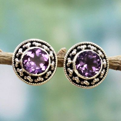 Alternate image for Hand Made Faceted Amethyst Button Earrings from India Indian Elegance in Purple