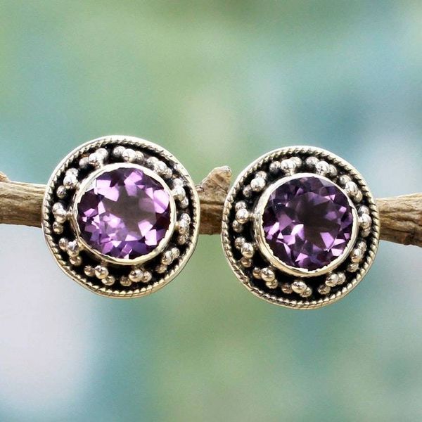 Alternate image for Hand Made Faceted Amethyst Button Earrings from India Indian Elegance in Purple