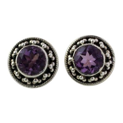 Alternate image for Hand Made Faceted Amethyst Button Earrings from India Indian Elegance in Purple