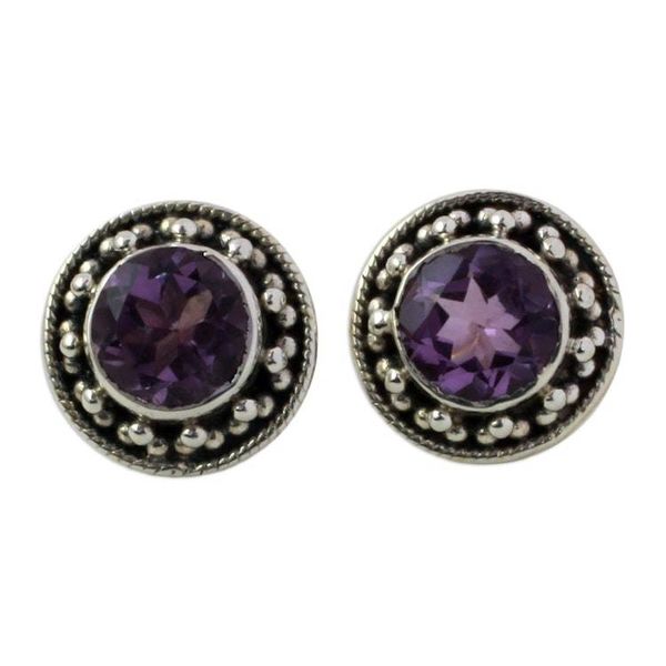 Alternate image for Hand Made Faceted Amethyst Button Earrings from India Indian Elegance in Purple