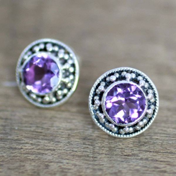 Alternate image for Hand Made Faceted Amethyst Button Earrings from India Indian Elegance in Purple