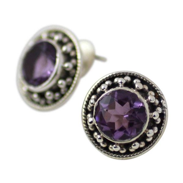 Alternate image for Hand Made Faceted Amethyst Button Earrings from India Indian Elegance in Purple