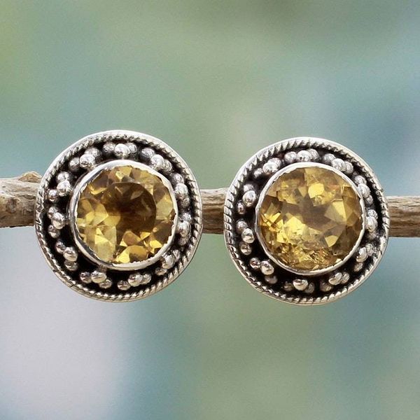 Alternate image for Hand Made Faceted Citrine Button Earrings from India Indian Elegance in Yellow