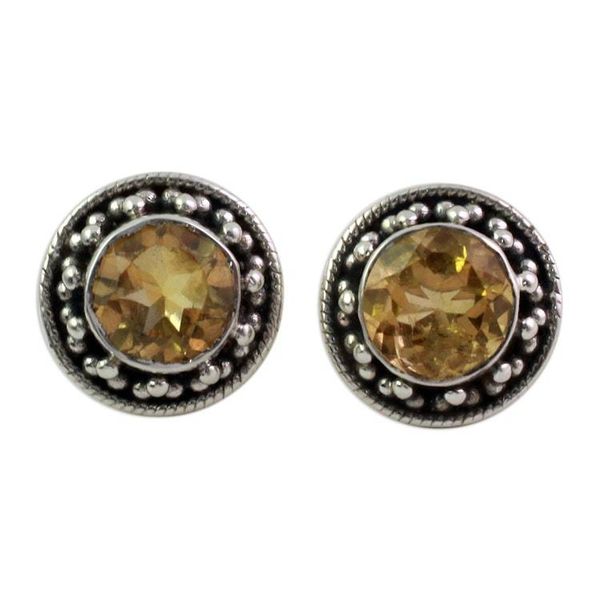 Alternate image for Hand Made Faceted Citrine Button Earrings from India Indian Elegance in Yellow