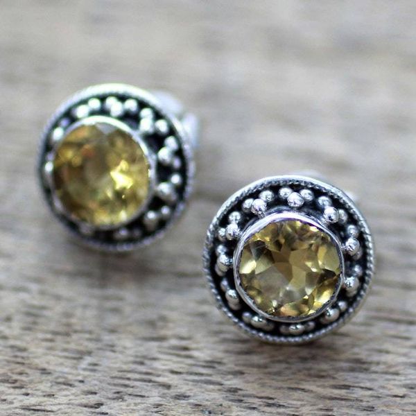 Alternate image for Hand Made Faceted Citrine Button Earrings from India Indian Elegance in Yellow