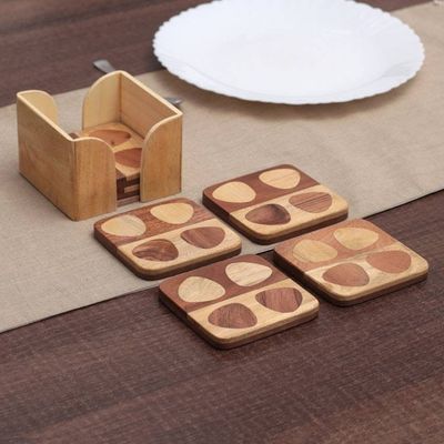 Primary image for Set of 6 Handmade Mango and Haldu Wood Coasters from India Mosaic of Petals
