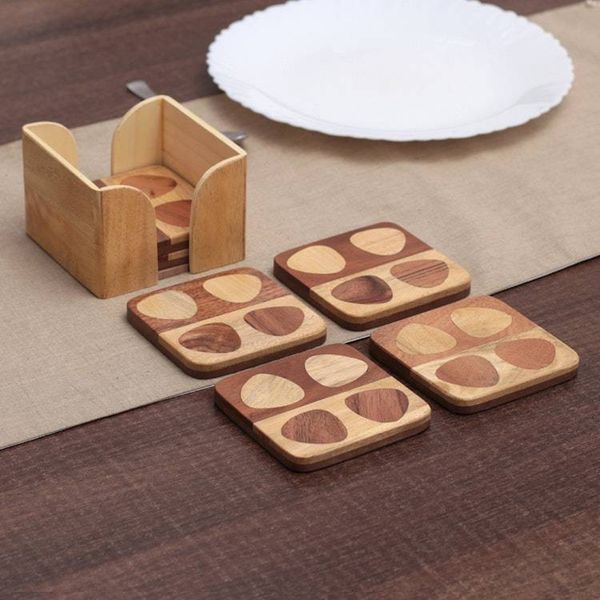 Alternate image for Set of 6 Handmade Mango and Haldu Wood Coasters from India Mosaic of Petals
