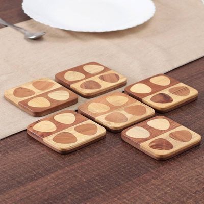 Alternate image for Set of 6 Handmade Mango and Haldu Wood Coasters from India Mosaic of Petals