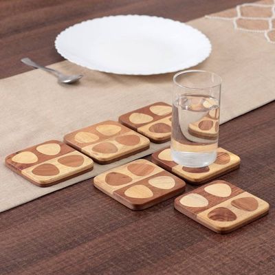 Alternate image for Set of 6 Handmade Mango and Haldu Wood Coasters from India Mosaic of Petals