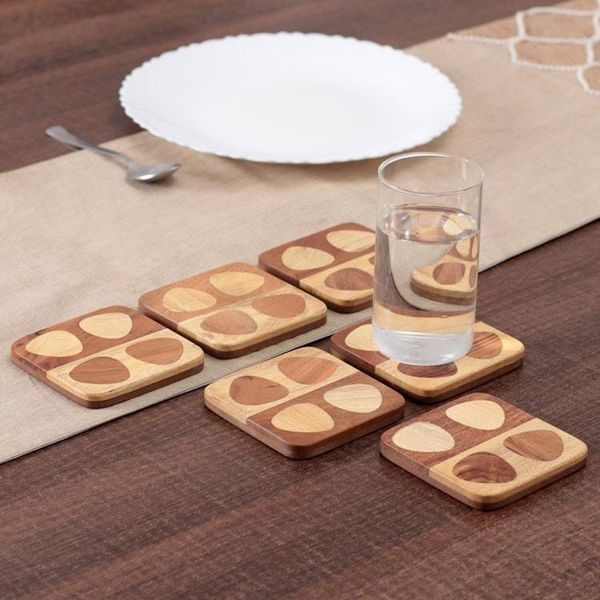 Alternate image for Set of 6 Handmade Mango and Haldu Wood Coasters from India Mosaic of Petals