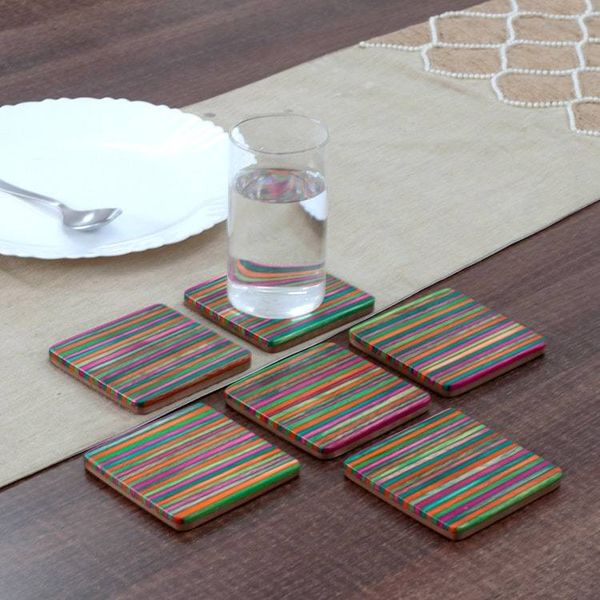 Alternate image for Handmade Striped 6-Piece Mango and Haldu Wood Coaster Set Elixir in Colors