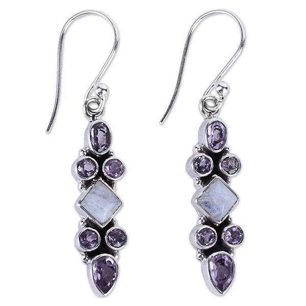 Alternate image for Sterling Silver Rainbow Moonstone Dangle Earrings from India Mesmerizing Shapes
