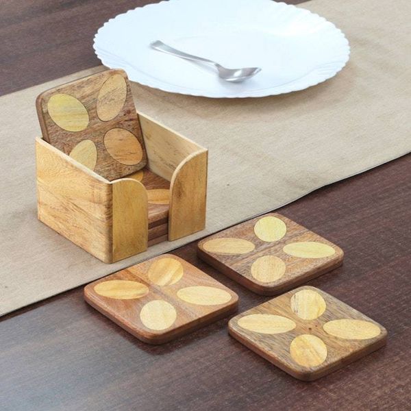 Alternate image for Floral-Inspired Hand-Carved 6-Piece Natural Wood Coaster Set Blissful Petals