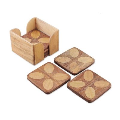 Alternate image for Floral-Inspired Hand-Carved 6-Piece Natural Wood Coaster Set Blissful Petals