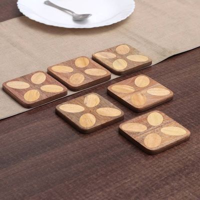 Alternate image for Floral-Inspired Hand-Carved 6-Piece Natural Wood Coaster Set Blissful Petals