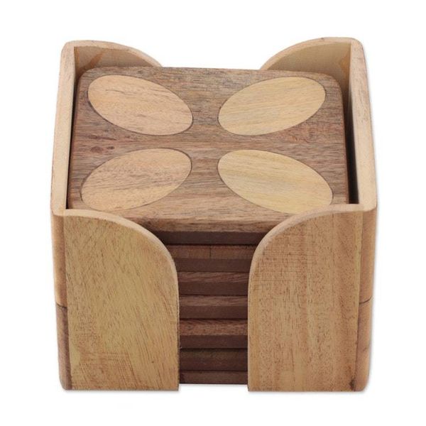 Alternate image for Floral-Inspired Hand-Carved 6-Piece Natural Wood Coaster Set Blissful Petals