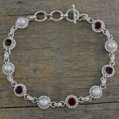 Alternate image for Sterling Silver Bracelet with Garnet and Cultured Pearls Petite Flowers