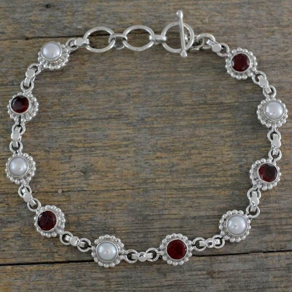 Alternate image for Sterling Silver Bracelet with Garnet and Cultured Pearls Petite Flowers
