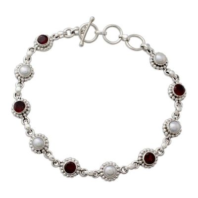 Alternate image for Sterling Silver Bracelet with Garnet and Cultured Pearls Petite Flowers